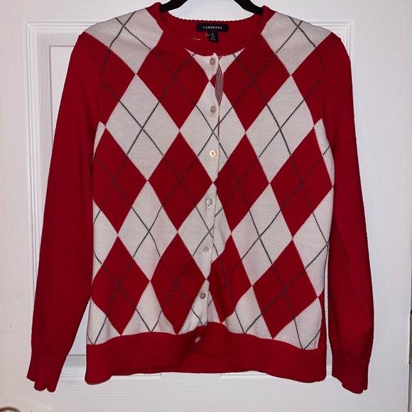 Lands' End Sweaters - Lands' End Red & White  Cotton Cardigan Sweater Small